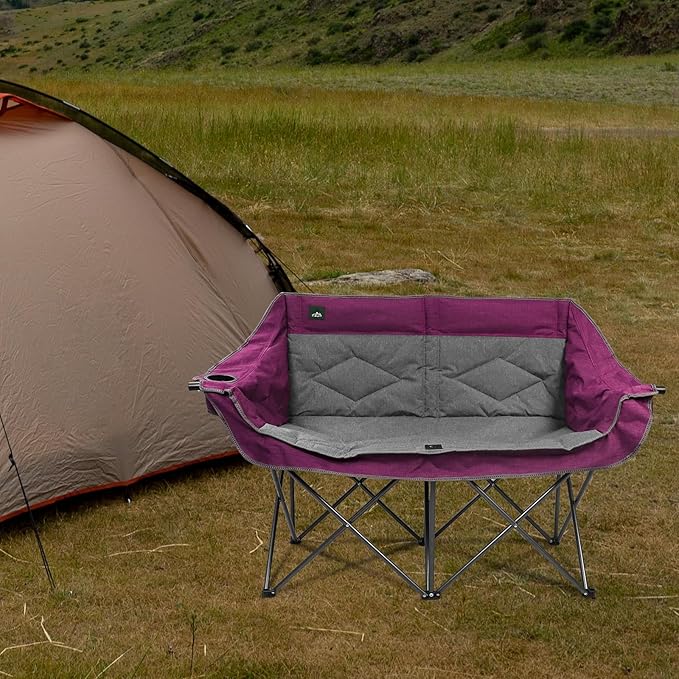 Northroad Folding Loveseat Camping Chair Portable Double Duo Full Padded Garden Sofa Chair for 2 Person w/ 2 Cup HolderWine Glass HolderSupport 600lbs for Outdoor Travel (Purple)