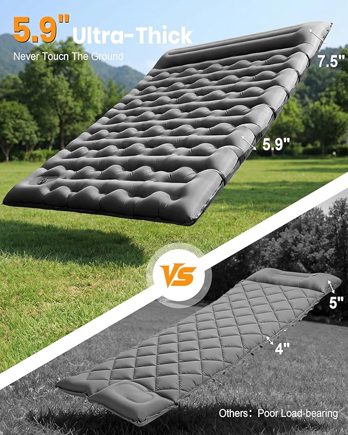 Double Sleeping Pad for Camping 5.9 Inch Thick Self Inflating Sleeping Mat for Camping with Built in Pillow and Foot Pump 2 Person Camping Mattress for Backpacking Hiking