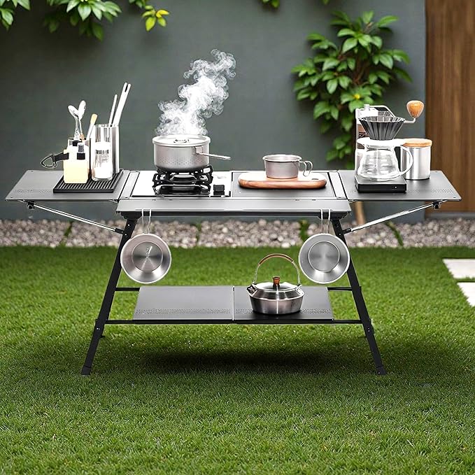 Portable Outdoor Camping Table with Extension Boards Spider Stove and 2 Shelves Foldable Grill Table for Beach BBQ Picnic