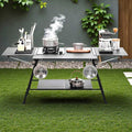 Portable Outdoor Camping Table with Extension Boards Spider Stove and 2 Shelves Foldable Grill Table for Beach BBQ Picnic