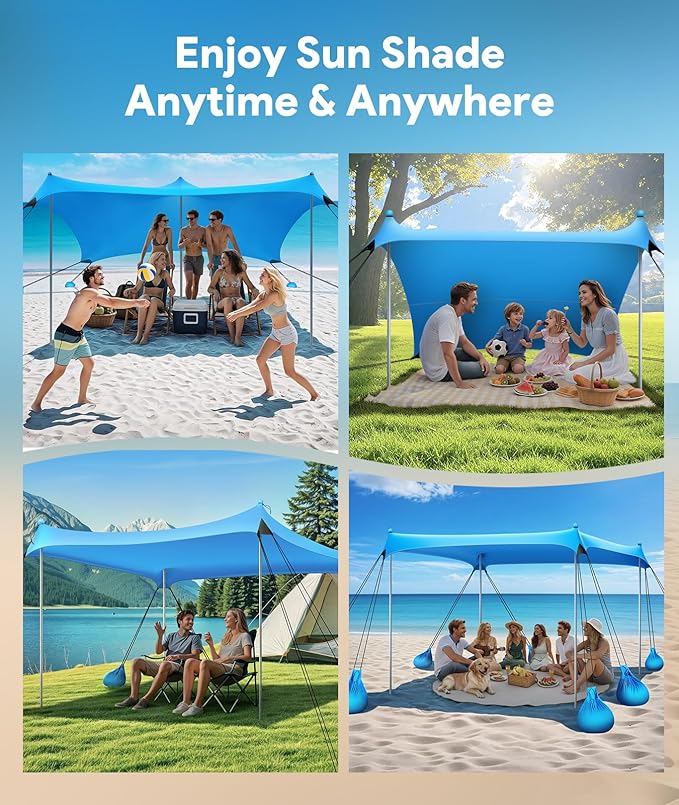 Beach Tent Sun Shelter 10 x 10 FT Beach Canopy Tent Sun Shade UPF50+ Tents Canopy with 8 Sandbags &amp 4 Stability Poles Outdoor Tents for Camping Fishing Sky Blue