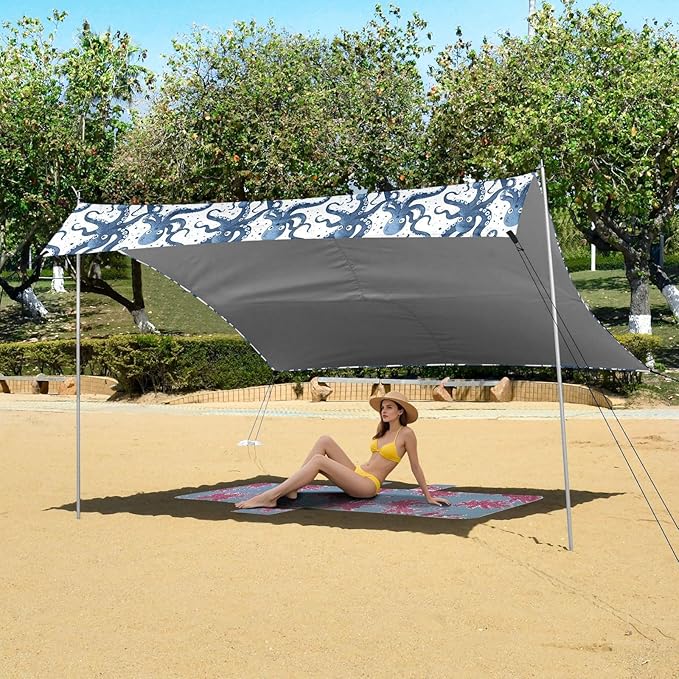 ALAZA Octopus Polka Dots Beach Tent Sun Shelter UPF50+ Protection Beach Shade Canopy w/ 4 Sandbags for Outdoor Camping Fishing Backyard Fun Picnic 10x9 ft