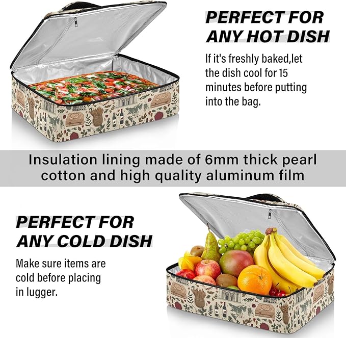 Casserole Carrier Patterns Retro Italian Lifestyle ElementsInsulated Casserole Carrier for Hot or Cold Food Thermal Lunch Tote for Potluck Parties Picnic Fits 9 x 13 Inches Baking Dish