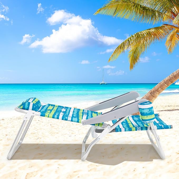 Giantex 2-Pack Folding Camping Chair with 5 Adjustable Positions Head Pillow Towel Bar Armrests &amp Cup Holder Portable Outdoor Backpack Chair for Lay Flat Sunbathing Picnic Beach Green