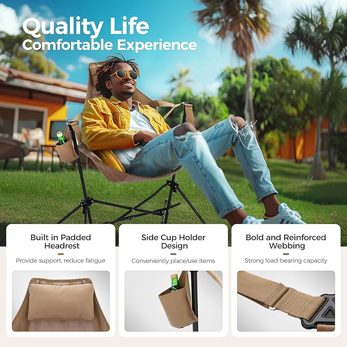 ALPHA CAMP Hammock Folding Rocking Chair with Cup Drink Holder High Back Padded Swinging Chair for OutdoorCamping LawnBackyardPicnic Steel Heavy Duty Portable Oversized(Khaki)