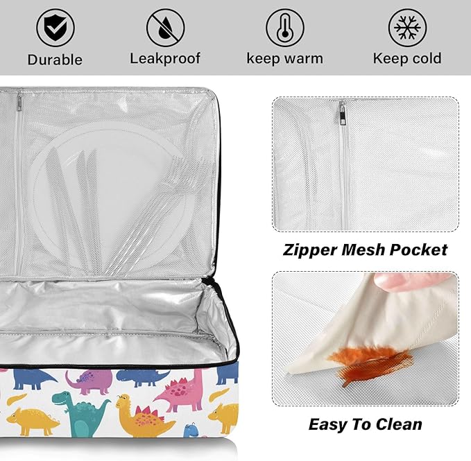 Casserole Carrier Cartoon Pattern DinosaurInsulated Casserole Carrier for Hot or Cold Food Thermal Lunch Tote for Potluck Parties Picnic Beach Fits 9 x 13 Inches Baking Dish