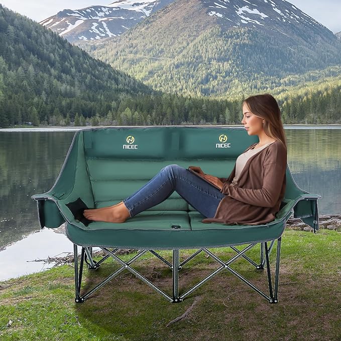Nice C Double Padded Camping Chair Oversized Loveseat Camping Chair Outdoor Camping Couch for Adults Lawn Chairs Extra Padded with Cup Holder Cooler Bag Bottle Opener (Green)