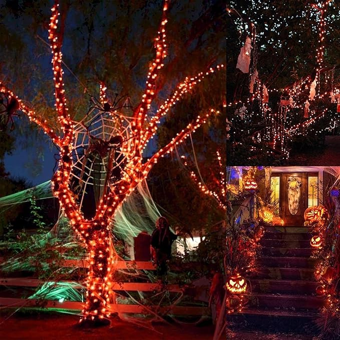 New Upgraded Solar Halloween String Lights Outdoor Waterproof Solar &amp USB Rechargeable 19 Modes 2 Pack Total 144FT 400 LED Orange Halloween Lights for Yard Patio Garden Christmas Decorations Ora