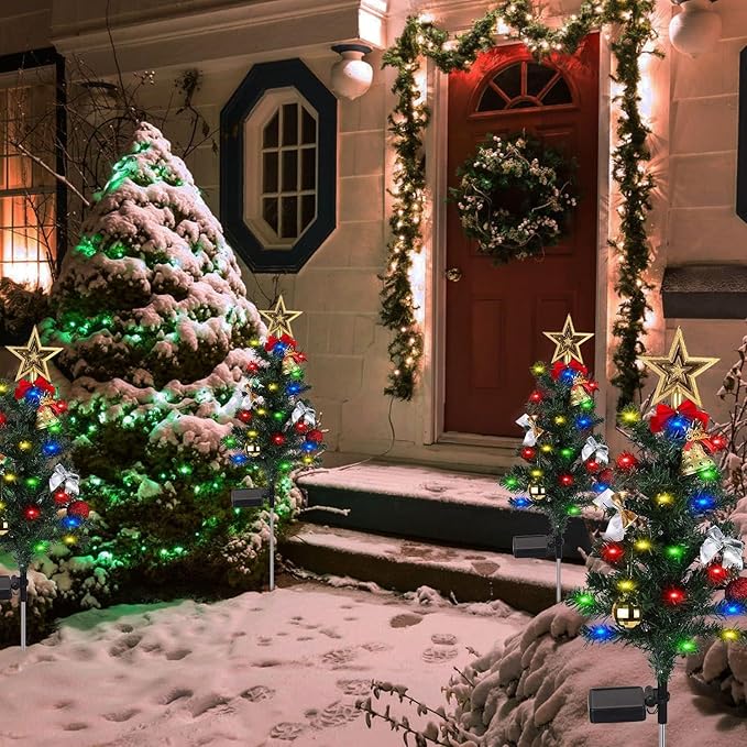 4 Pack Solar Christmas Decorations Tree Lights Upgraded Outdoor Solar Stake Decorative Lights Xmas Tree W/20 LED-RGB Lights IP65 Waterproof Dual Lighting Modesfor Garden Pathway Lawn Patio