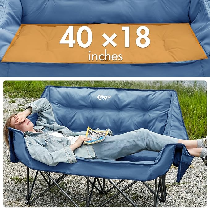 PORTAL Double Camping Chair 2 Person Folding Loveseat for Adults Padded Cushion Camp Lawn Love Seat with Side Pocket Portable Couch Two Person Heavy Duty Wide Chairs with Cup Holder 600 lbs