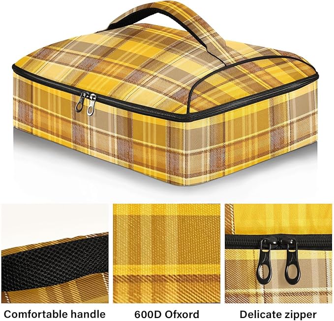 Casserole Carrier Yellow Plaid Insulated Casserole Carrier for Hot or Cold Food Thermal Lunch Tote for Parties Picnic Travel Carry Bag