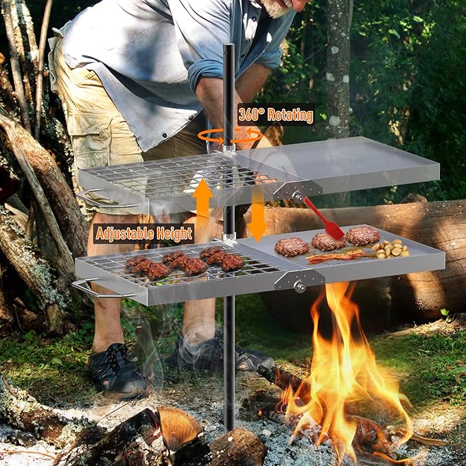 Skyflame Folding Campfire Grill Grate Stainless Steel Swivel Camping Grill Grate and Griddle with Carrying Bag Portable Outdoor Cooking Equipment for Open Flame Fire Pit Backpacking Camping