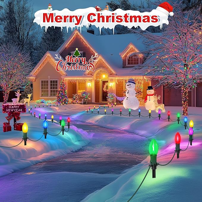 USOKYO 30Ft C9 Led Christmas Pathway Lights Outdoor 20 Multicolor Bulbs Waterproof Connectable Christmas Walkway Lights with Stakes for Yard Lawn Sidewalk Driveway Decorations