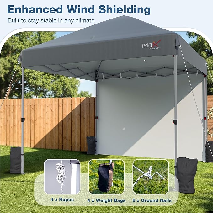 10x10 Outdoor Folding Canopy Tent with 1 Sidewall Easy Up Outdoor Shelter with One Person Set Up Center Lock Portable Patio Screen Tent for Camping Party Beach and Picnic Grey
