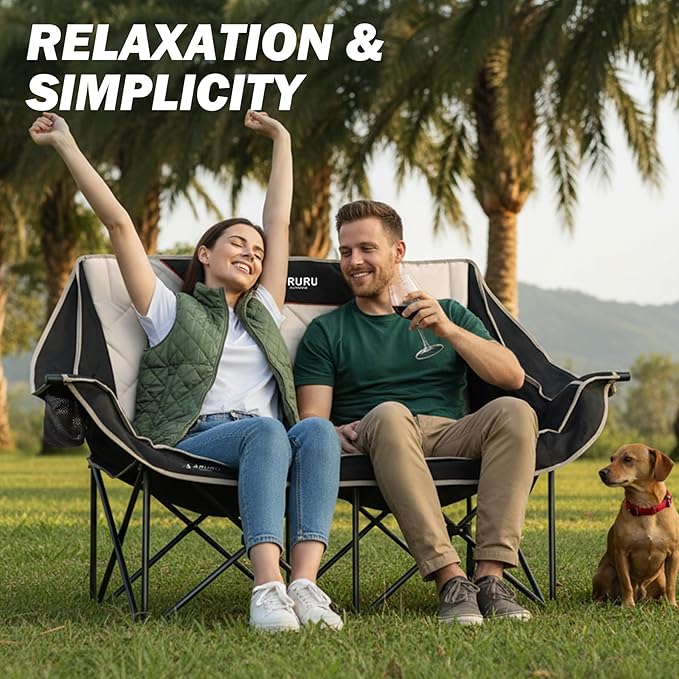 Double Camping Chair Padded Oversized Camping Loveseat for Adults 2 Person Couch Two Seat Support 600LBS Heavy Duty Folding Camp Lawns Chairs for Outdoor Beach Backyard Tailgating Sports