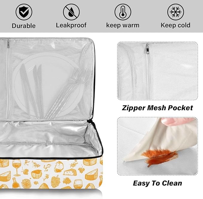 Casserole Carrier Wine and CheeseInsulated Casserole Carrier for Hot or Cold Food Thermal Lunch Tote for Potluck Parties Picnic Beach Fits 9 x 13 Inches Baking Dish