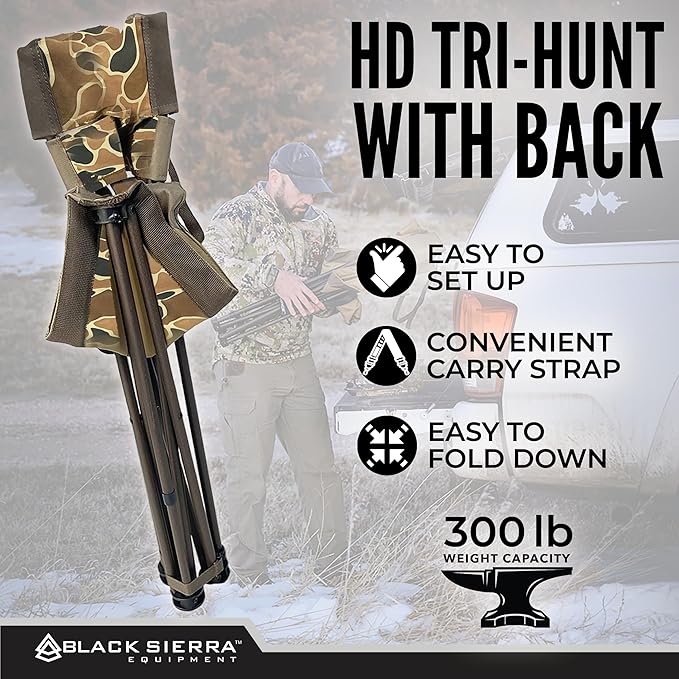 Black Sierra HD Tri-Hunt with Back Hunting Stool Foldable Tripod Seat w/Steel Frame Supports 300-lb Heavy Duty Fishing Chair Features Cup-Holder &amp Carry Shoulder Strap for Camping