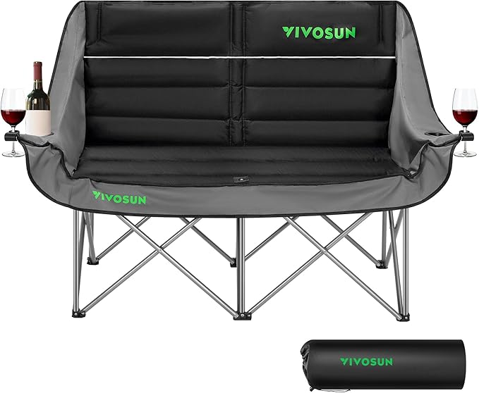 VIVOSUN Double Camping Chair Fully Padded Folding Loveseat Oversized Duo Chair with Cup &amp Wine Glass Holders Pocket Armrests &amp Carry Bag