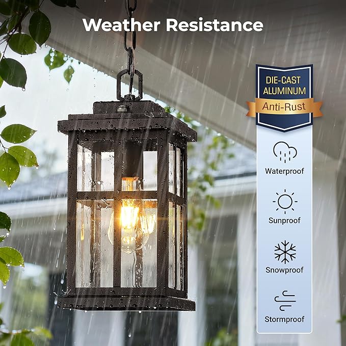 Brown Large Dusk to Dawn Outdoor Pendant Light Outside Hanging Lights with Tempered Glass 100% Aluminum Anti-Rust Outdoor Ceiling Light for Porch House Doorway Waterproof E26 Socket