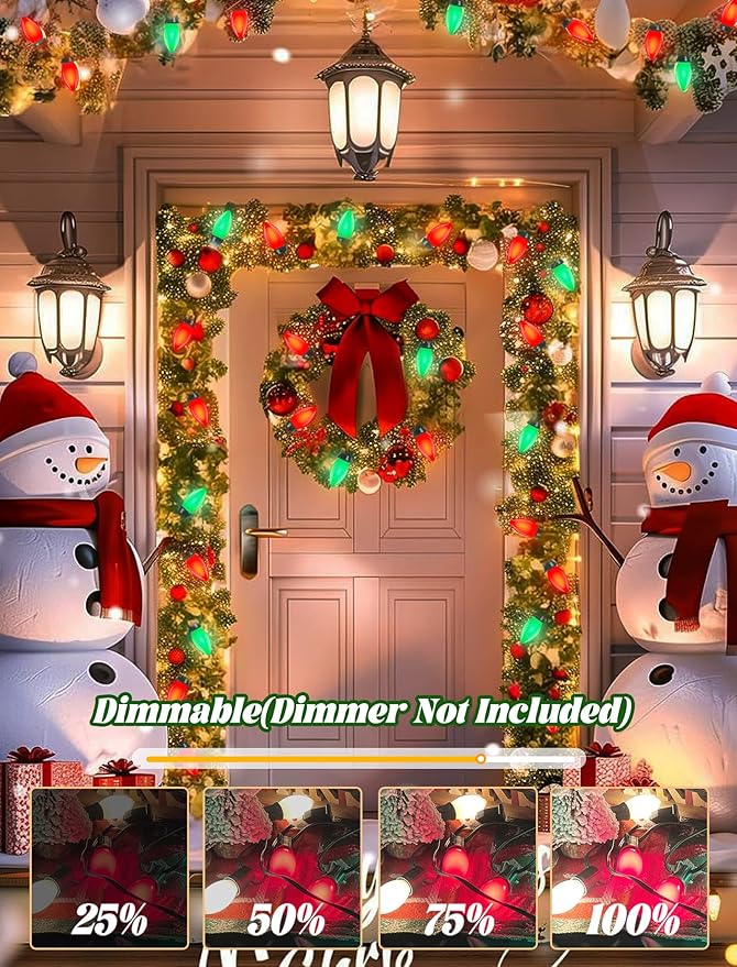 25Ft C9 LED Christmas Lights Outdoor C9 Red and Green Christmas String Lights with 26 LED Shatterproof Bulb Hanging Vintage Christmas Lights for Patio Xmas Tree Roofline Wedding Party Backyard Decor