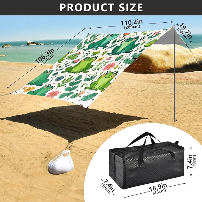 Seamless Pattern Cartoon Frog and Plant Camping Sun Shelter Beach Tent Portable Beach Sun Shade Outdoor Canopy for Camping Trips Fishing Picnic