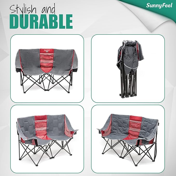 SUNNYFEEL Folding Double Camping Chair Oversized Loveseat Chair Heavy Duty Portable/Foldable Lawn Chair with Storage for Outside/Outdoor/Travel/Picnic Fold Up Camp Chairs for Adults 2 People