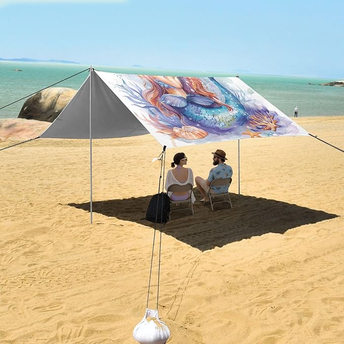 ALAZA Cartoon Mermaid Watercolor Beach Tent Sun Shelter UPF50+ Protection Beach Shade Canopy w/ 4 Sandbags for Outdoor Camping Fishing Backyard Fun Picnic 10x9 ft