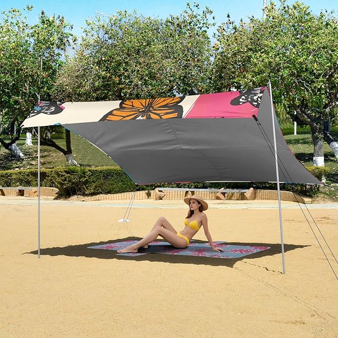 Beach Tent Sun Shelter Butterflies Colorful Squares Lightweight &amp Easy Setup Beach Shade Canopy for Camping Fishing
