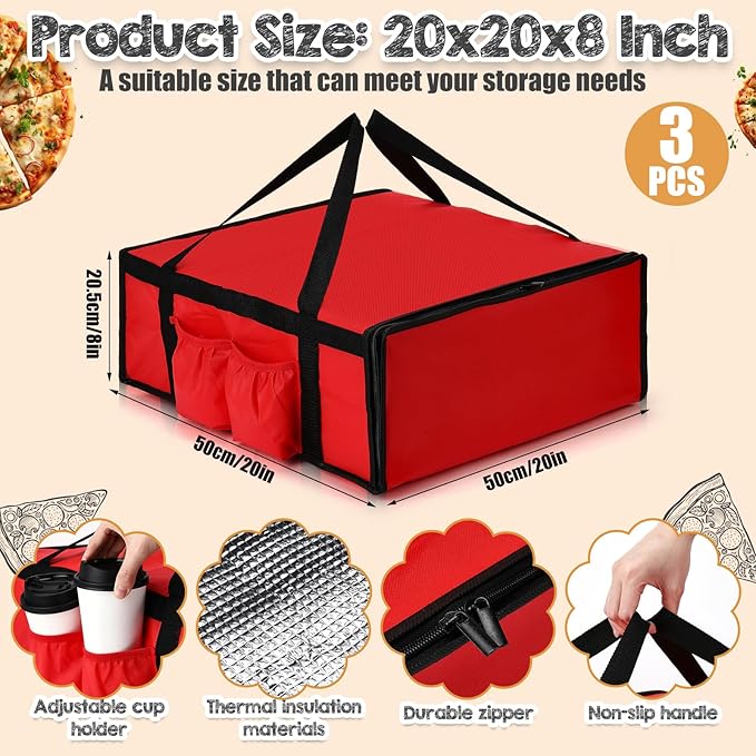 LemonRoad 3 Pcs Pizza Delivery Bag with 4 Cup Holder Insulated Food Grocery Bag 20 x 20 x 8 Pizza Warmer Bags for Carry Hot Catering Delivery Driver Essentials(Red)