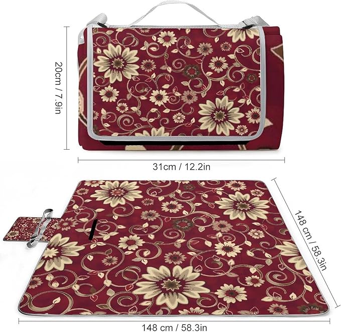 Flower Maroon Gold Floral Classy Burgundy Antique Waterproof Outdoor Picnic Blanket Sandproof Beach Mat for Camping Hiking Grass Travelling