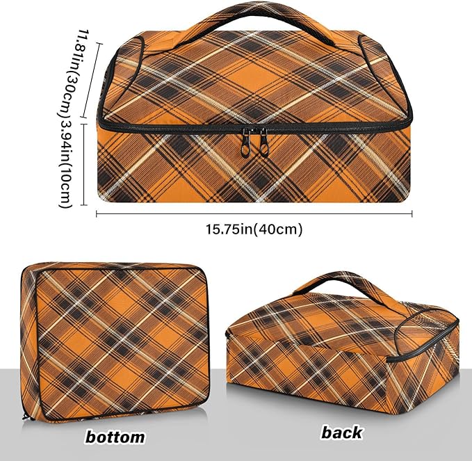Casserole Carrier Orange and Brown Tartan Print Insulated Casserole Carrier for Hot or Cold Food Thermal Lunch Tote for Parties Picnic Travel Carry Bag