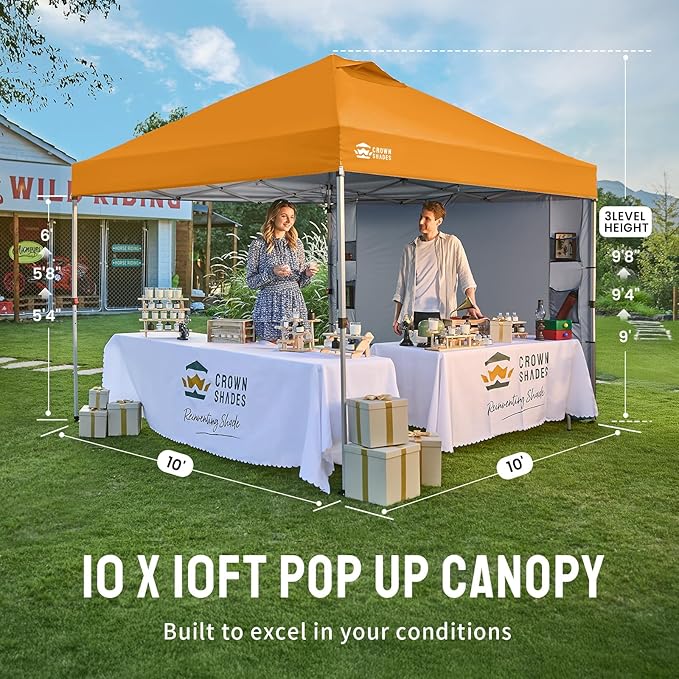 CROWN SHADES Canopy Tent 10 x 10 Foot Portable Pop Up Outdoor Shelter with Pocket Sidewall Push Center Lock UV Protection and Carry Bag Orange