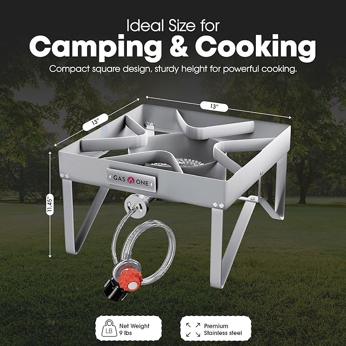 GasOne Stainless Steel Outdoor Propane Burner – High Pressure Camp Stove with Adjustable Regulator &amp Steel-Braided Hose