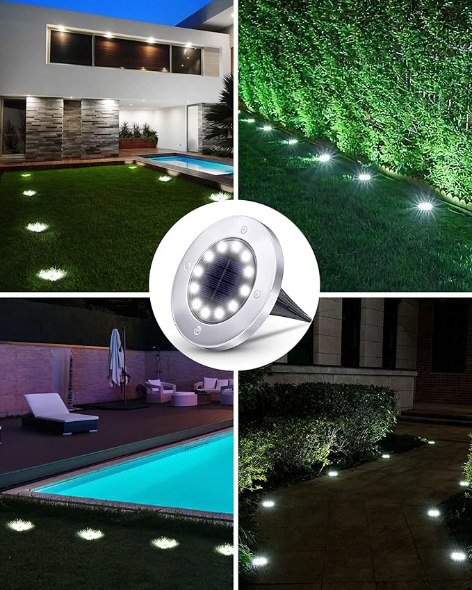 Biling Solar Outdoor Lights 12 Pack Bright 12 LEDs Solar Ground Lights Waterproof Flat Landscape Lighting Solar Powered for Yard Walkway Pathway Garden Driveway (White)