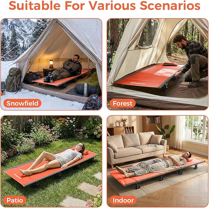 KingCamp Ultralight Camping Cot Portable Folding Tent Camping Cot 265 Lbs Heavy Duty Sleeping Cot with Pillow for Adults Outdoor Backpacking Travel Hiking Orange