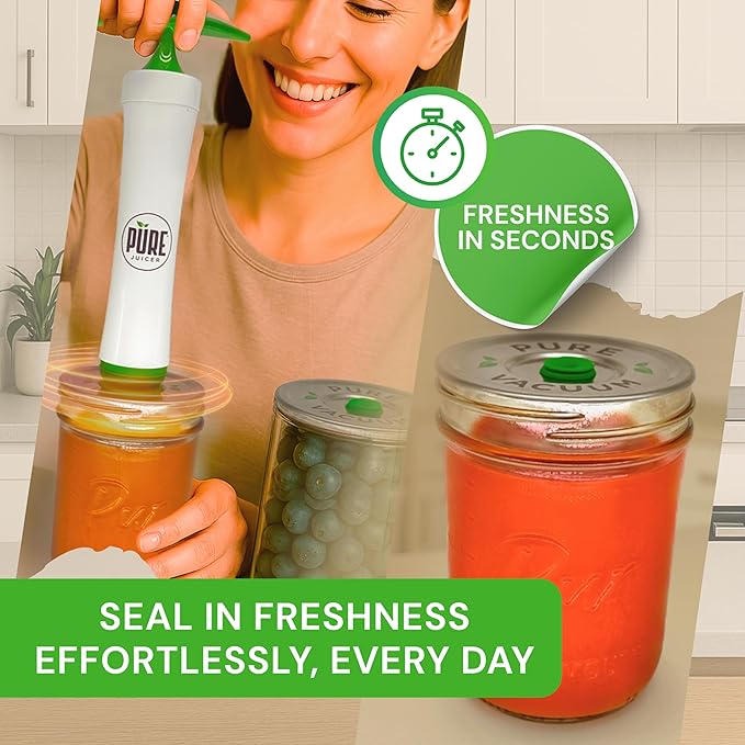 PURE MVP Mason Jar Vacuum Sealer Kit | 3X Faster &amp 8X the Vacuum of Electric | Premium Handheld High-Suction Vacuum Sealer for Jars | Perfect Seal for Juice Smoothies Food for Maximum Freshness