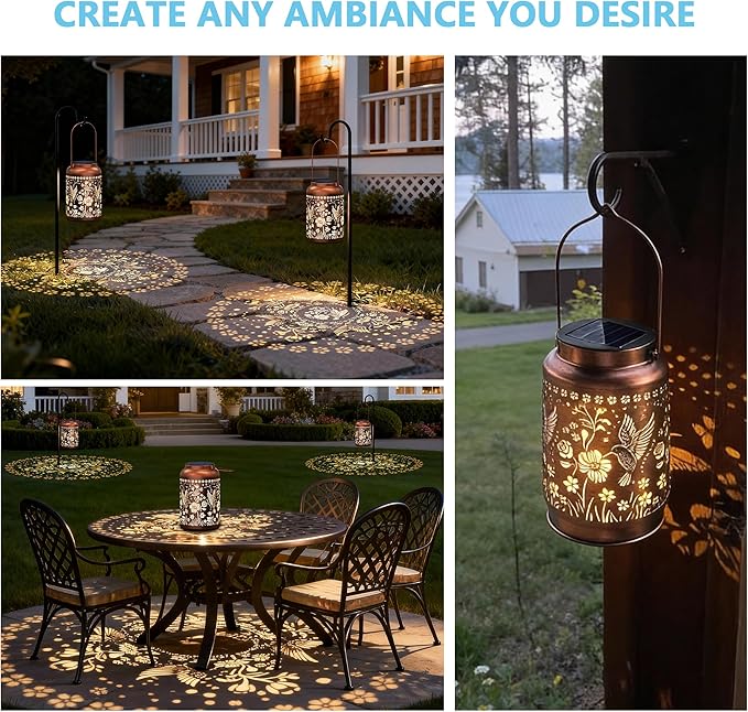 Solar Lanterns Outdoor WaterproofHummingbird Solar Lantern Gift for Women Girl Mom GrandmaValentine GiftsMetal Hanging Solar Lantern for YardGardenPorch Landscape Deconrations-2 Pack