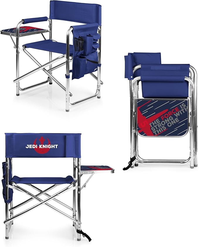 PICNIC TIME Star Wars Jedi Knight Sports Chair with Side Table Folding Beach and Camp Chair Portable Outdoor Chair with Carry Strap and Storage Pockets (Navy Blue)