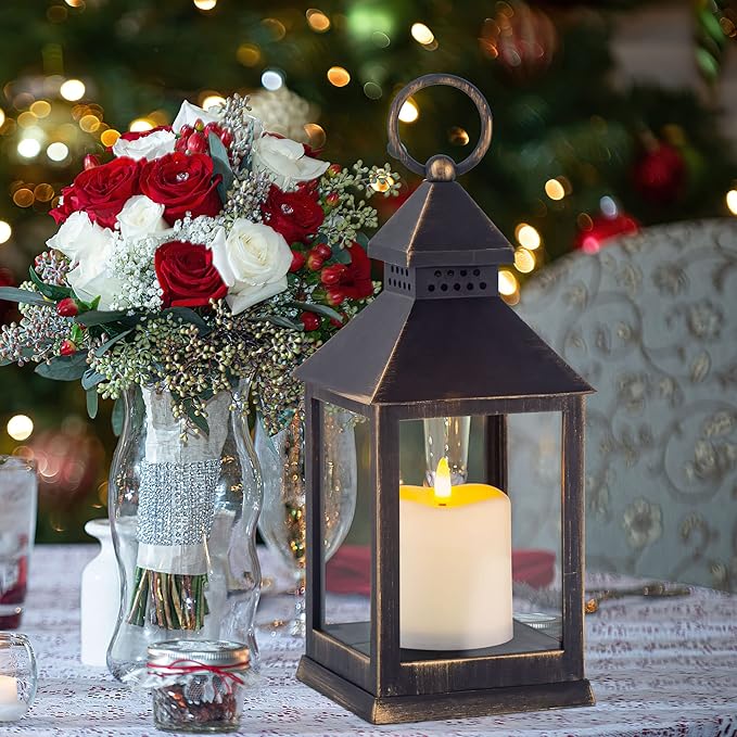 Vintage Golden Brushed Black Lantern Decorative LED Flickering Flameless Candle with Timer Battery Powered LED Decorative Hanging Lanterns for Indoor Outdoor Garden Yard Home Decor(4 Pack)