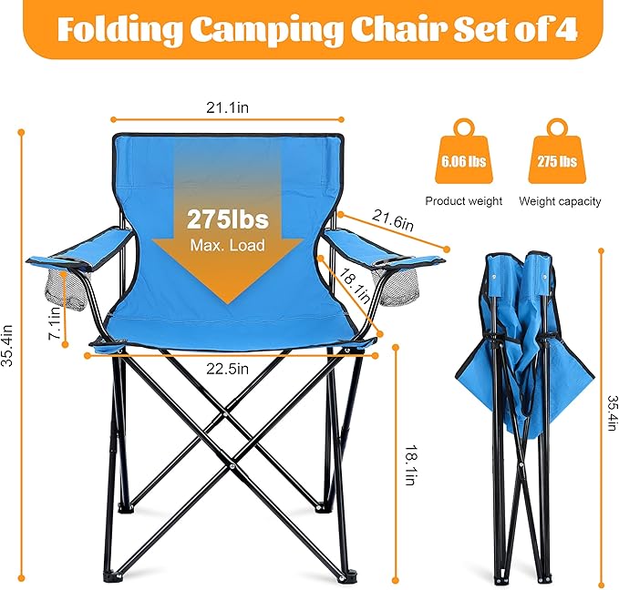 HaSteeL Camping Chairs 4 Pack Oversized Folding Chair with Cup Holders for Adults Portable Chair &amp Carry Bag for Outdoor Backyard Beach Lawn Patio Picnic Fishing Oxford Fabric &amp Heavy