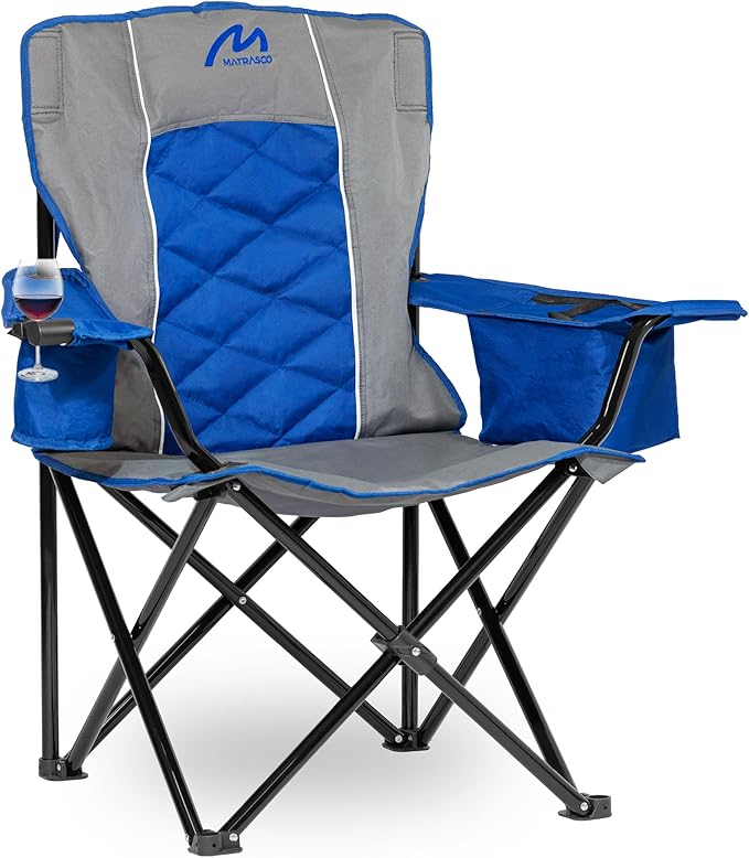 Oversized Padded Camping Chair Heavy-Duty Steel Frame for 450 lbs Supports Convenient 6-Can Cooler Portable Carry Bag Perfect for Outdoor Beach and Hiking (Gray &amp Sapphire Blue)