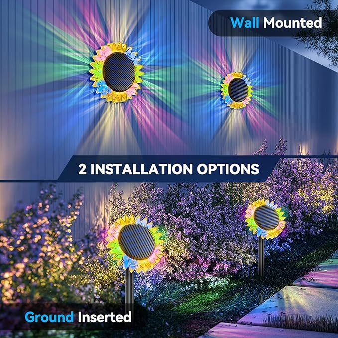 Solar Garden Lights - Upgraded Solar Sunflower Light Ground/Wall 2 In 1 Solar Outdoor Lights Waterproof IP67Garden Yard Patio Backyard Pathway Landscape Fence Wall Decoration Multicolor(4 Pack)