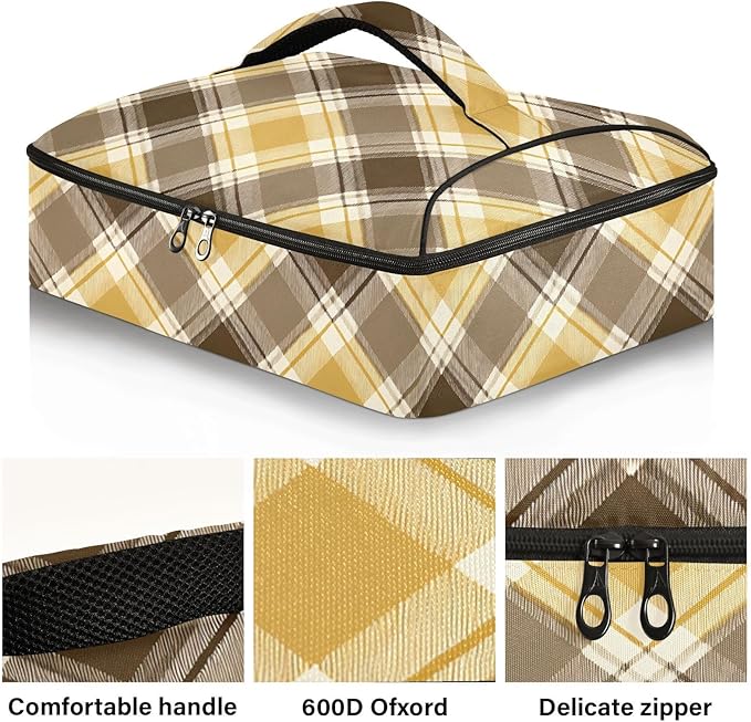 Casserole Carrier Pattern Yellow Brown Tartan Insulated Casserole Carrier for Hot or Cold Food Thermal Lunch Tote for Parties Picnic Travel Carry Bag