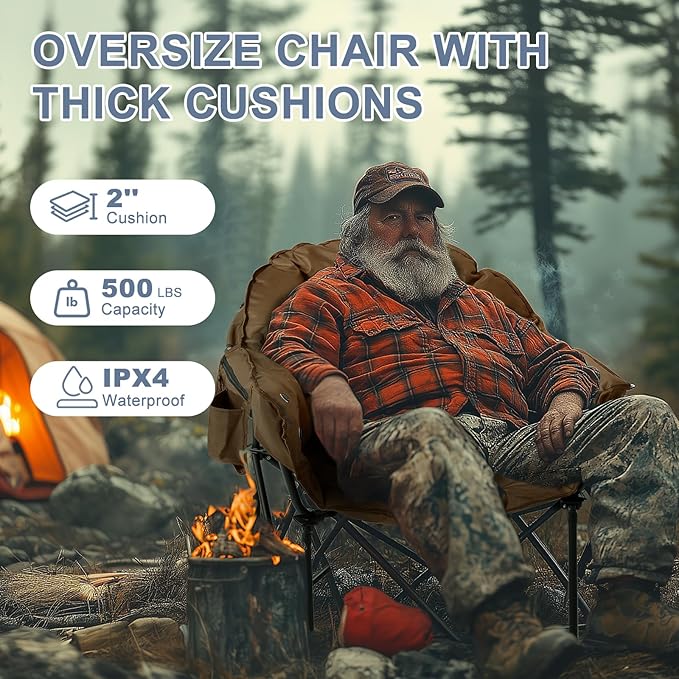 Slsy Heated Camping Chair Oversized Outdoor Portable Heated Folding Chair Heavy Duty 500 lbs Support Padded Seat for Outdoor Sports Camping Patio and Picnics