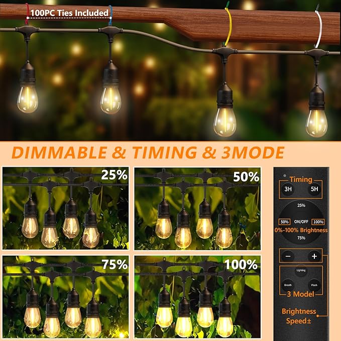 50FT Outdoor String Lights Waterproof with 30+2 Bulbs (1.5FT Bulbs Spacing) Remote &amp Dimmer Commercial Grade Patio Lights with 3 Mode Light &amp Timing100PC Ties for Outside
