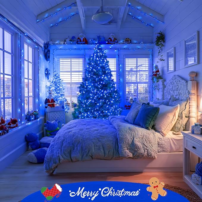 JMEXSUSS 2 Pack 100 LED Blue Christmas Lights Battery Operated Each 33 FT Blue String Lights Indoor Outdoor WaterproofChristmas Tree Lights with Remote for Garden Porch Yard Decor
