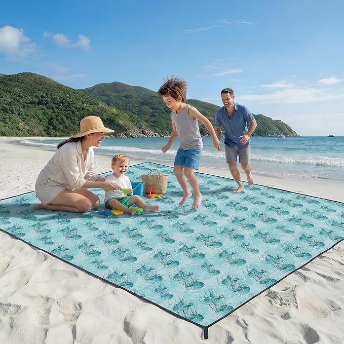 OIGAE 7x7ft Sandproof Beach Blanket - Large Waterproof Picnic Mat for 3-4 People Lightweight Sand Free Mat for Summer Vacation with 6 Stakes &amp 4 Corner Pockets for Beach Camping Festivals