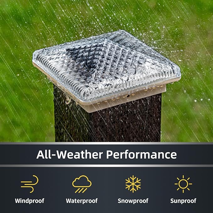 Glass Solar Post Cap Lights with Crystal Style - Decorative Deck Fence Lights for 4x4 5x5 Posts Hidden Solar Panel Modular Design 10Hr Runtime IP65 Warm White White 2 Pack