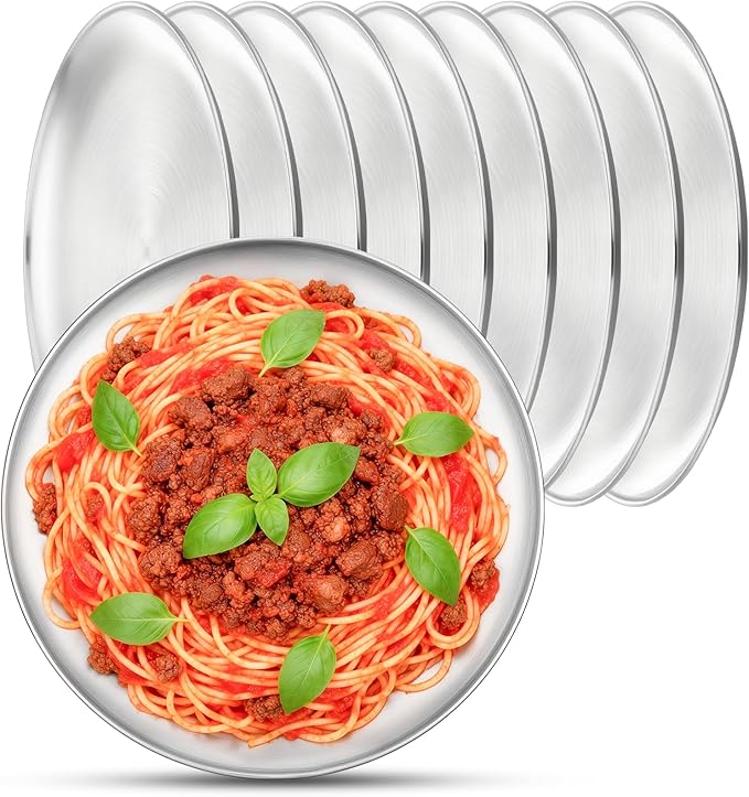 Metal Dinner Plate 10 Pack 10.2 inch Large 201 Stainless Steel Plates Reusable Lunch Salad Pizza Food Serving Snack Eating Dishes Round Brushed Finish Silver Sturdy Dish Oven Dishwasher Safe