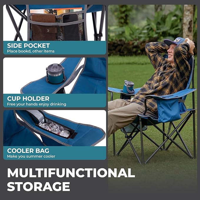 FUNDANGO Oversized Camping Chairs for Adults Heavy Duty Fold Up Sports Games Lawn Chairs Extra Wide Big Man Outdoor Chairs with Padded Lumbar Support Backrest Bag Included for Camp Beach 2 Pack